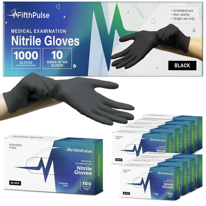 FifthPulse Medical Exam Black Nitrile Gloves - 10 Boxes of 100 Count
