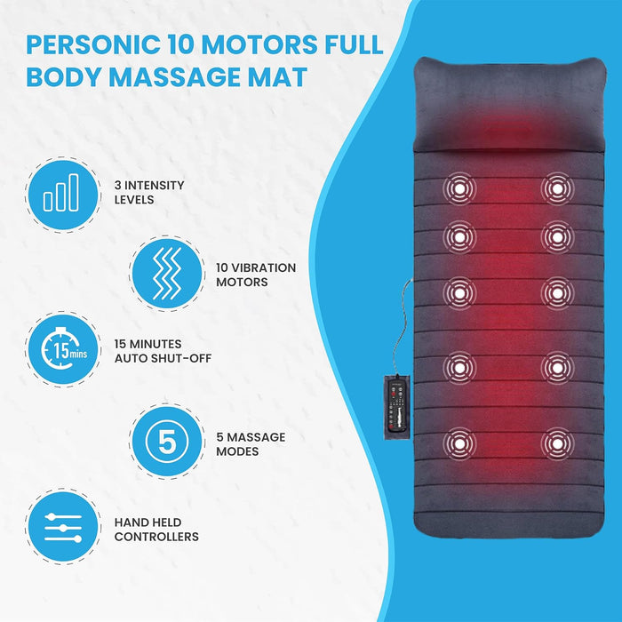 Pursonic Luxury Massage Mat with Heat 10-Motor Full Body Massager Pad