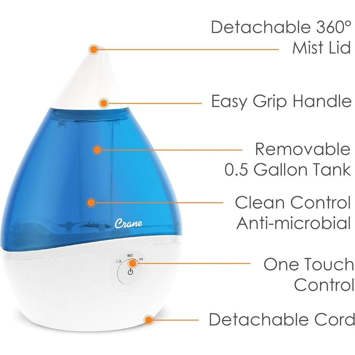Crane Droplet Ultrasonic Cool Mist Humidifier Blue/White - 0.5 Gallon - Shop Home Med