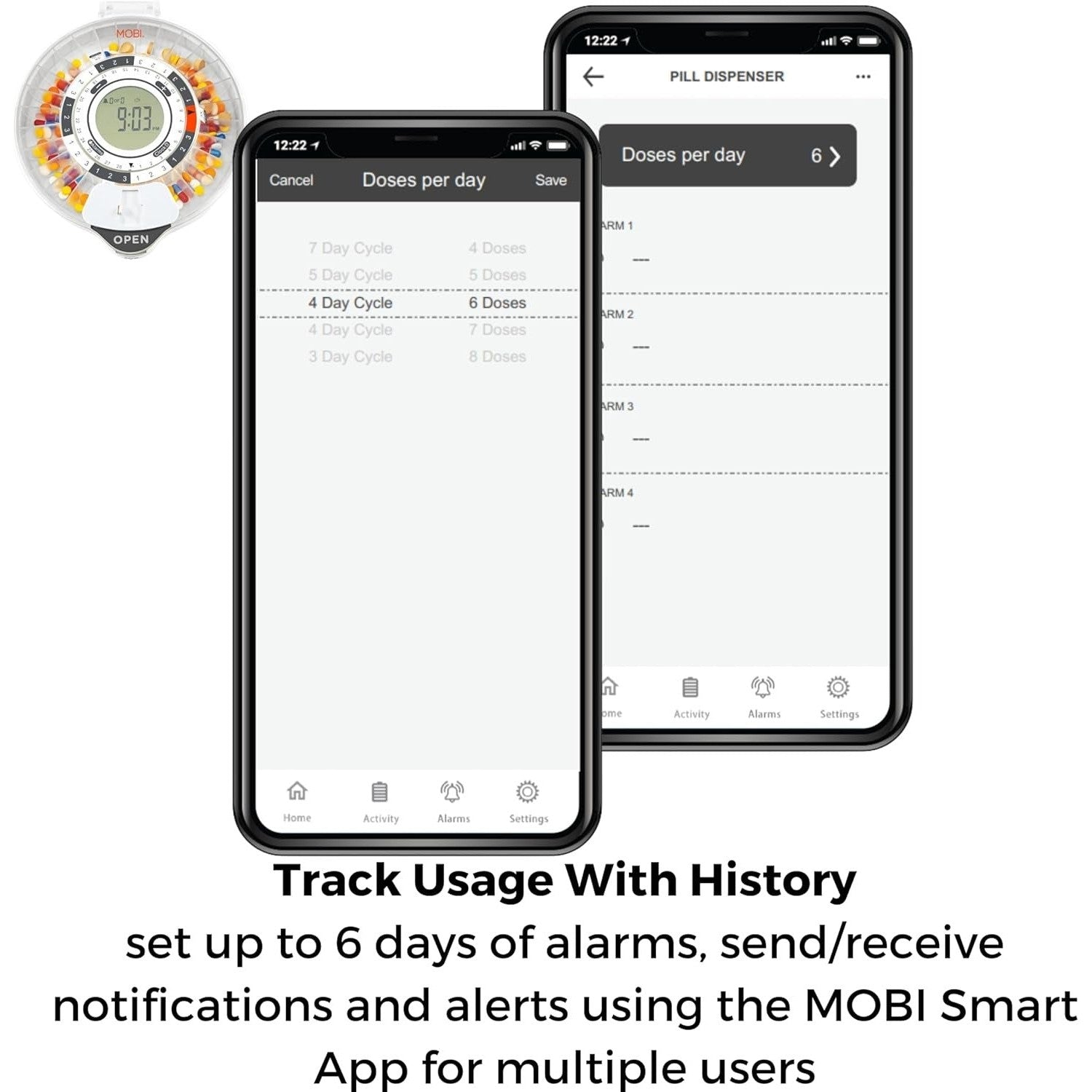 Dispensador de pastillas Mobi Smart Medication con WiFi y tapa con protección UV, capacidad para 28 días