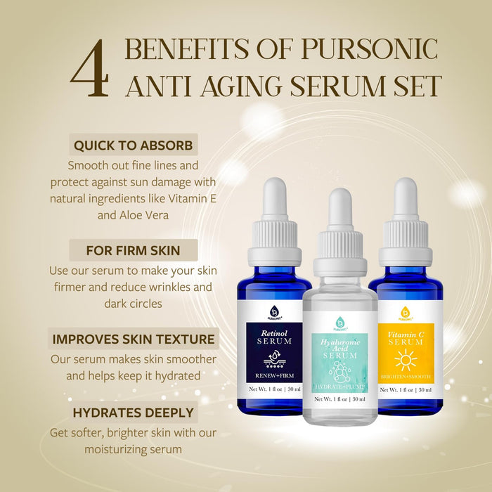 Pursonic Anti-Aging Skin Care Set Hyaluronic Acid Retinol & Vitamin C Serums