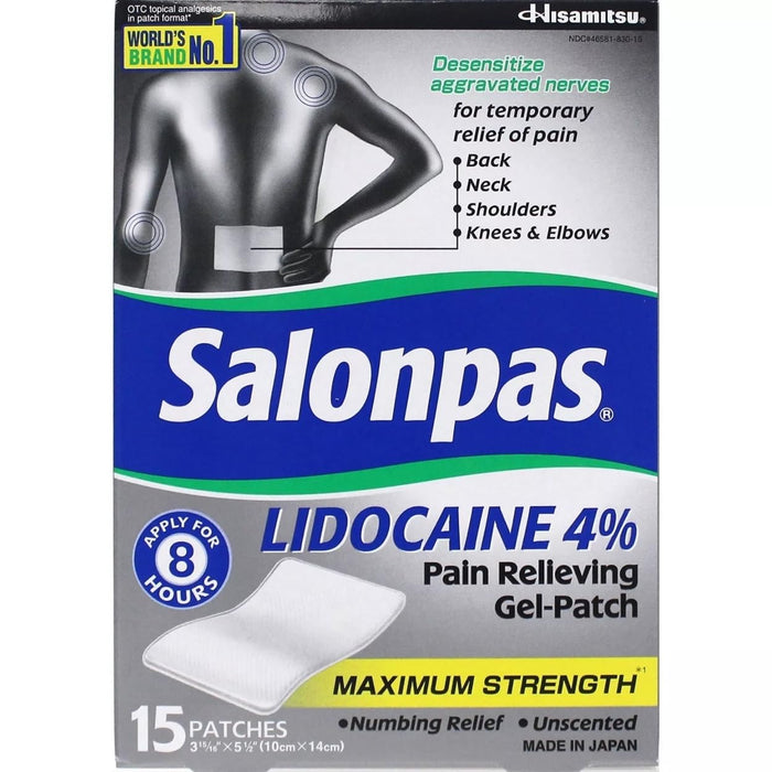 Salonpas Maximum Strength Lidocaine 4% Pain Relieving Gel-Patch