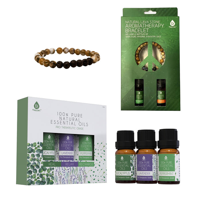 Pursonic Aromatherapy Bliss Bundle: Lava Stone Bracelet + Pure Essential Oils