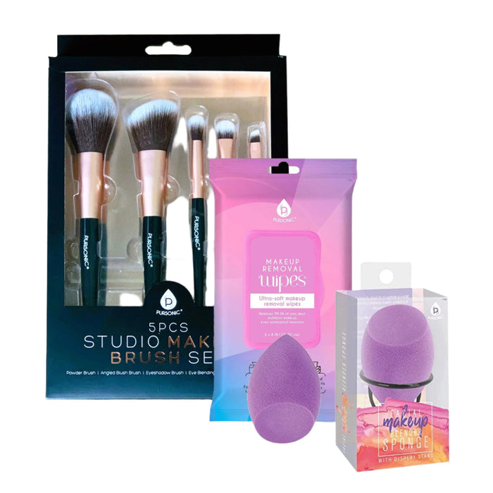 Pursonic Makeup Essentials Bundle: Brushes Wipes & Blender Sponge Set