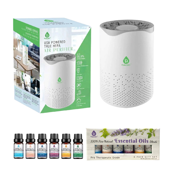 Pursonic Air Purifier with 6-Pack Essential Oils & USB Powered True HEPA Filter