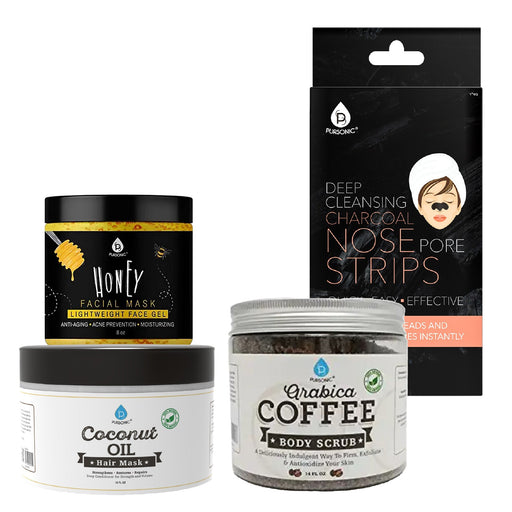 Pursonic Pamper & Glow Bundle: Charcoal Nose Strips Coffee Scrub Coconut Oil Mask Honey Mask