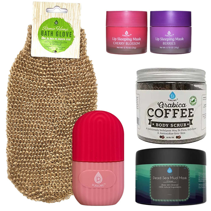 Pursonic Self Care Night Bundle: Lip Masks, Dead Sea Mud Mask, Ice Roller, Bath Glove and Coffee Scrub shophomemed