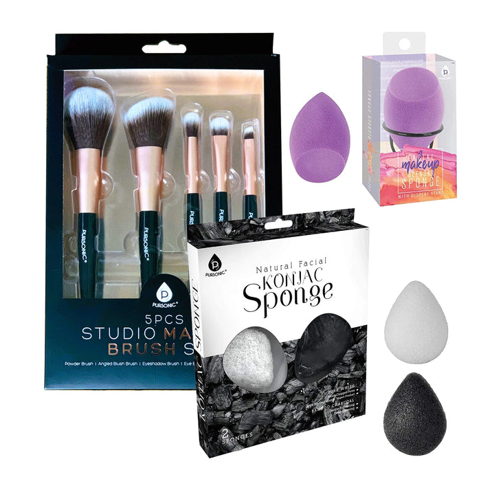 Pursonic Beauty Essentials Blender Konjac Sponge Set & 5-Pc Brush Set