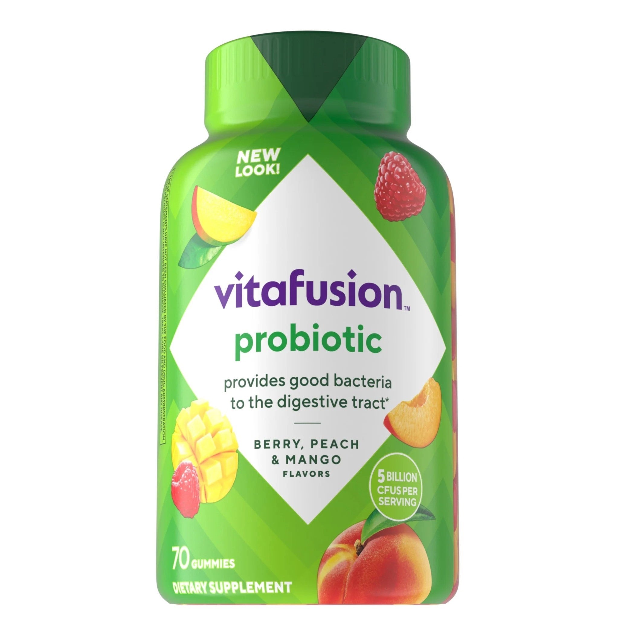 Suplemento gomoso probiótico Vitafusion con sabor a bayas, melocotón y mango 