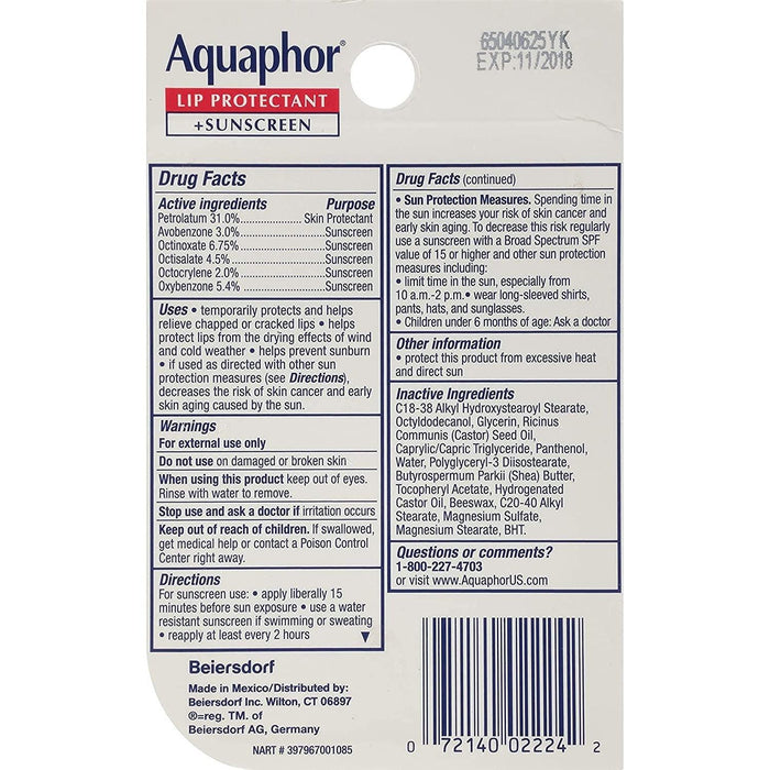 Aquaphor Lip Repair + Protect Broad Spectrum SPF 30 - 2 X 10ml - Shop Home Med