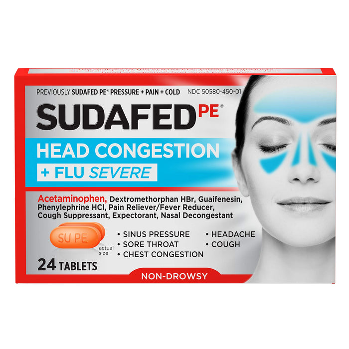 Sudafed PE Head Congestion+Flu Severe Relief Decongestant - 24 Tablets