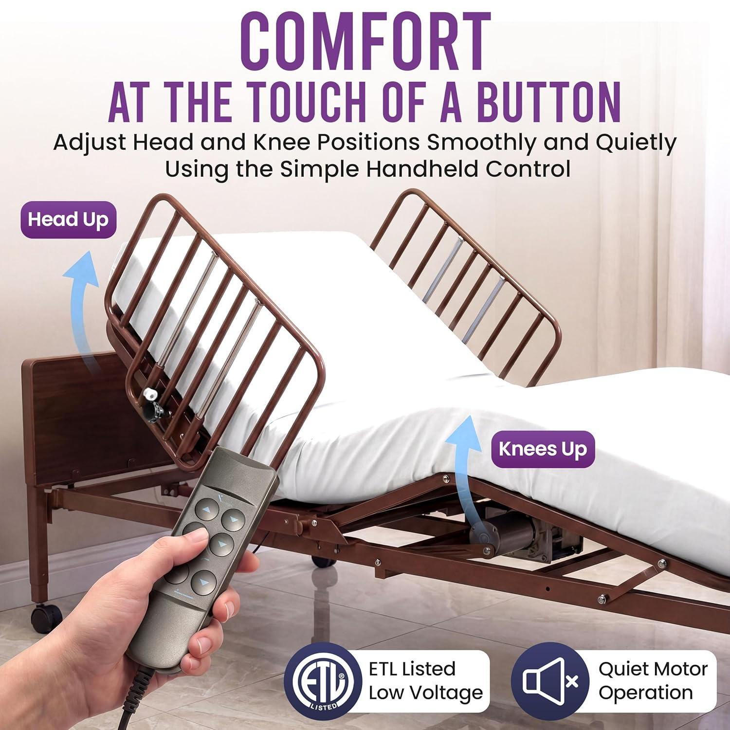 Cama de hospital eléctrica completa con opciones de rieles