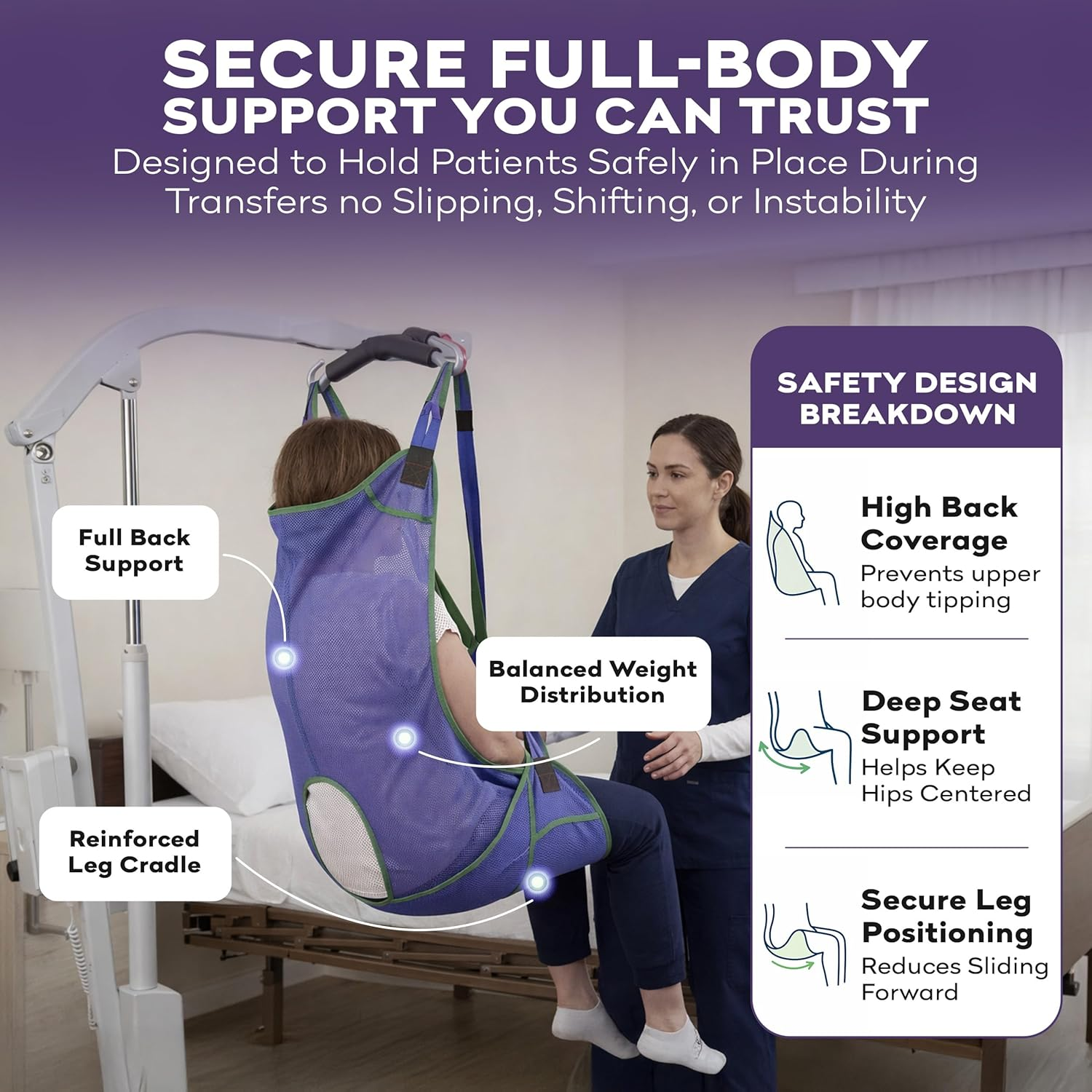 Eslinga elevadora de malla universal de cuerpo completo con abertura para inodoro