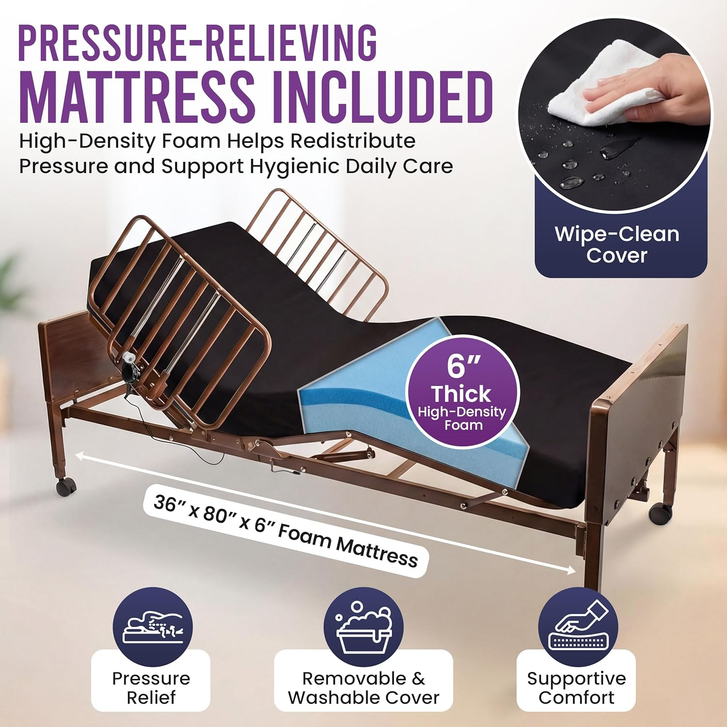 Full Electric Hospital Bed - Foam Mattress - Full Rails - 36x80 Adjustable Height