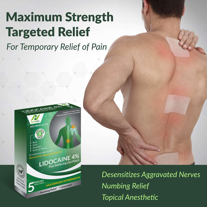 NobleAid 4% Lidocaine Patches Maximum Strength Pain Relieving - 5 Pack