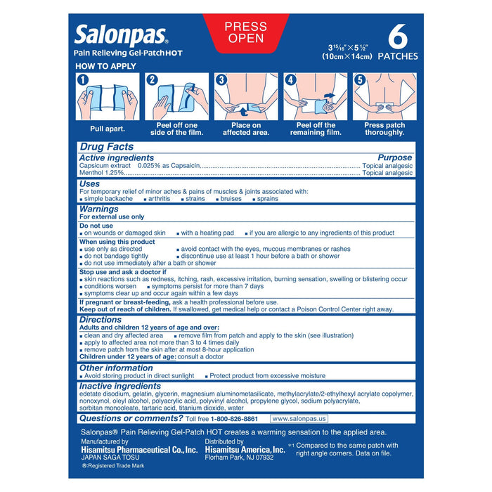 Salonpas Pain Relieving Adhesive Gel-Patch Hot - 6 Ct