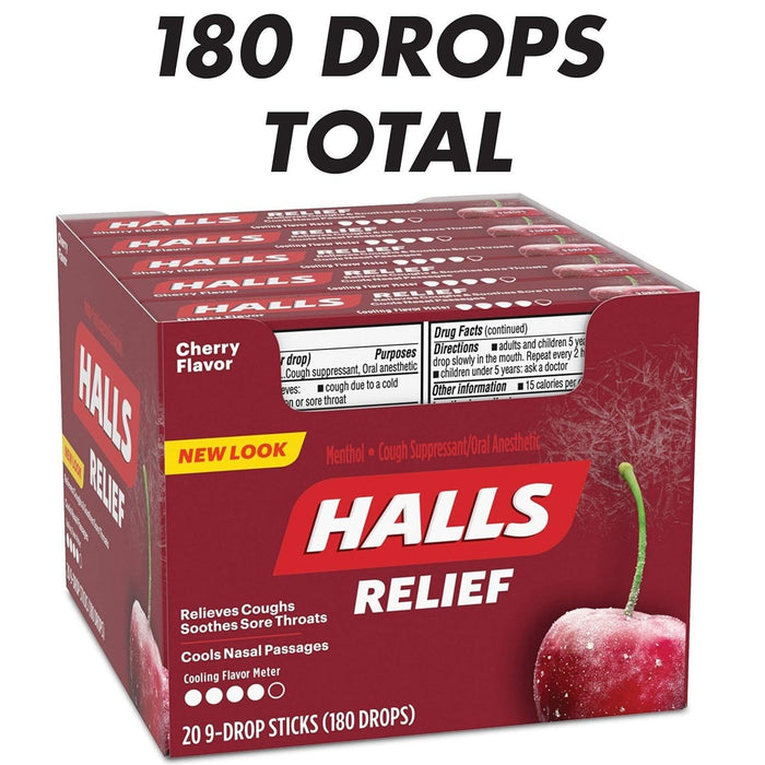 HALLS Relief Cough & Throat Drops Cherry - 20 Sticks X 9 Count