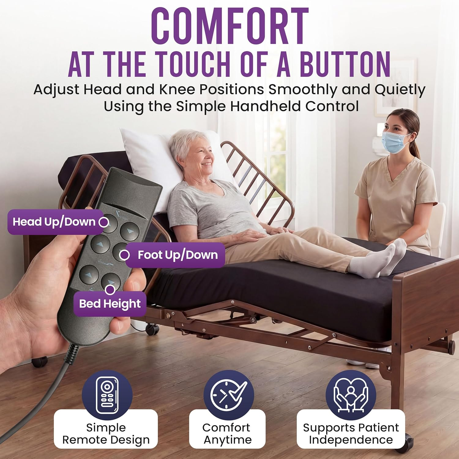 Full Electric Hospital Bed with Foam Mattress - Half Rails - Adjustable Height