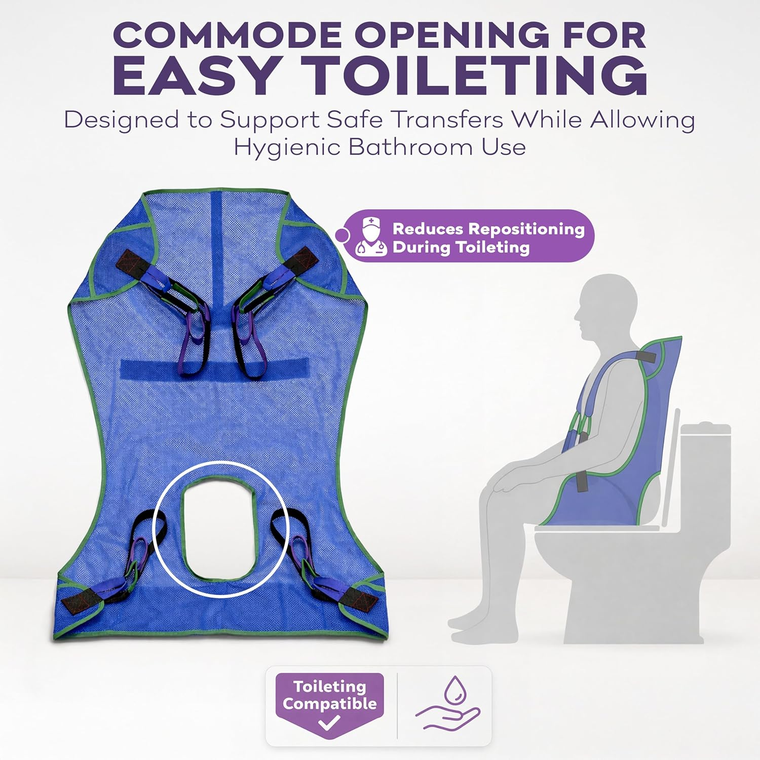Eslinga elevadora de malla universal de cuerpo completo con abertura para inodoro