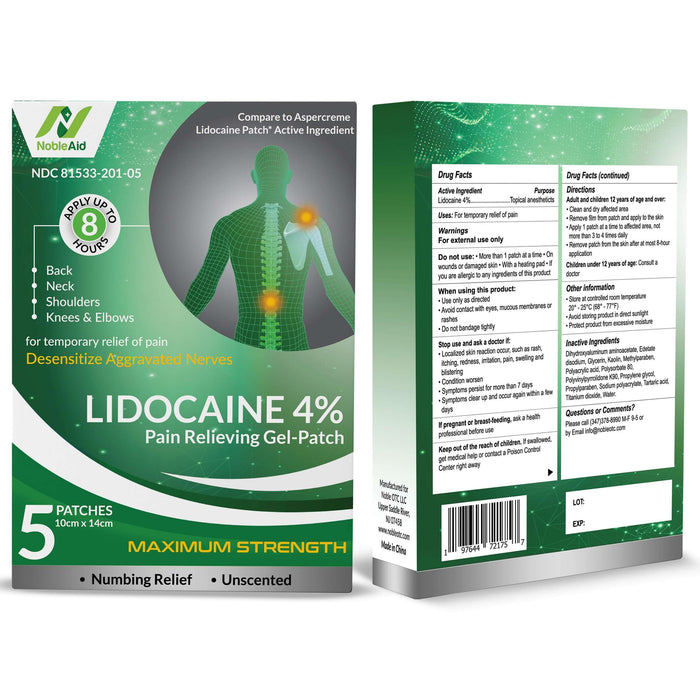 NobleAid 4% Lidocaine Patches Maximum Strength Pain Relieving - 5 Pack