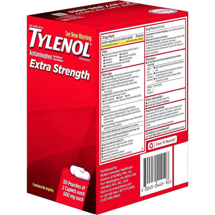 Tylenol Extra Strength Acetaminophen Caplets - 50 Pouches X 2 Count - Shop Home Med