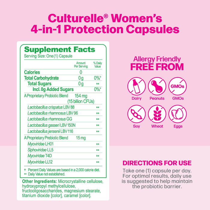 Culturelle Women's 4-in-1 Daily Probiotic Support Vaginal Digestive & Immune Health Capsules 30 Ct