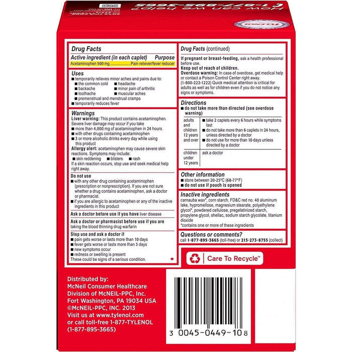 Tylenol Extra Strength Acetaminophen Caplets - 50 Pouches X 2 Count