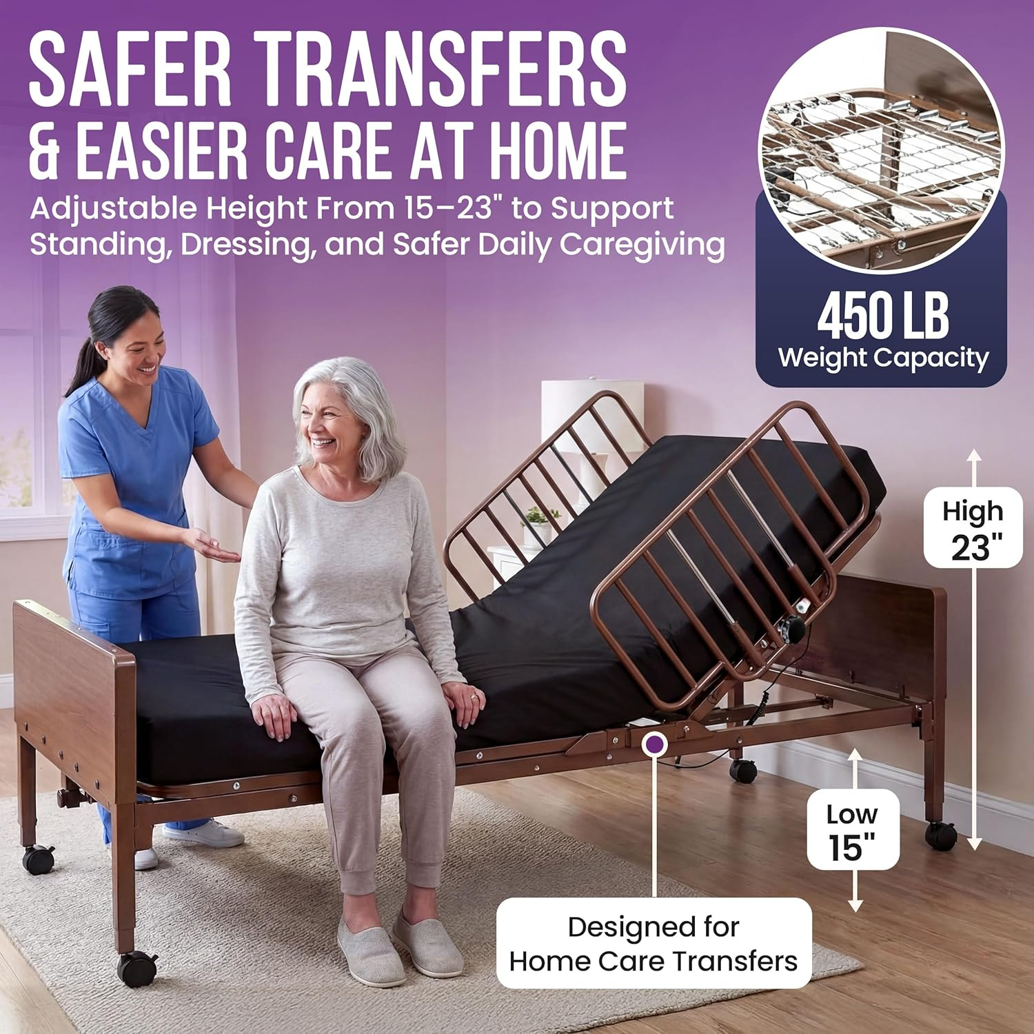 Full Electric Hospital Bed with Foam Mattress - Half Rails - Adjustable Height