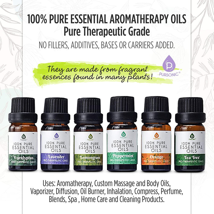 Pursonic 100% Pure Essential Oil Blends & Aromatherapy Oils Set - 6 Varieties