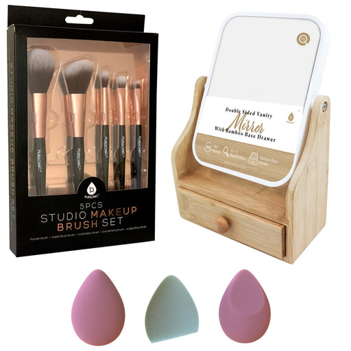 Pursonic Studio Makeup Brush Set, Multi-Shape Sponges, and Dual-Sided Vanity Mirror with Bamboo Base Set shophomemed