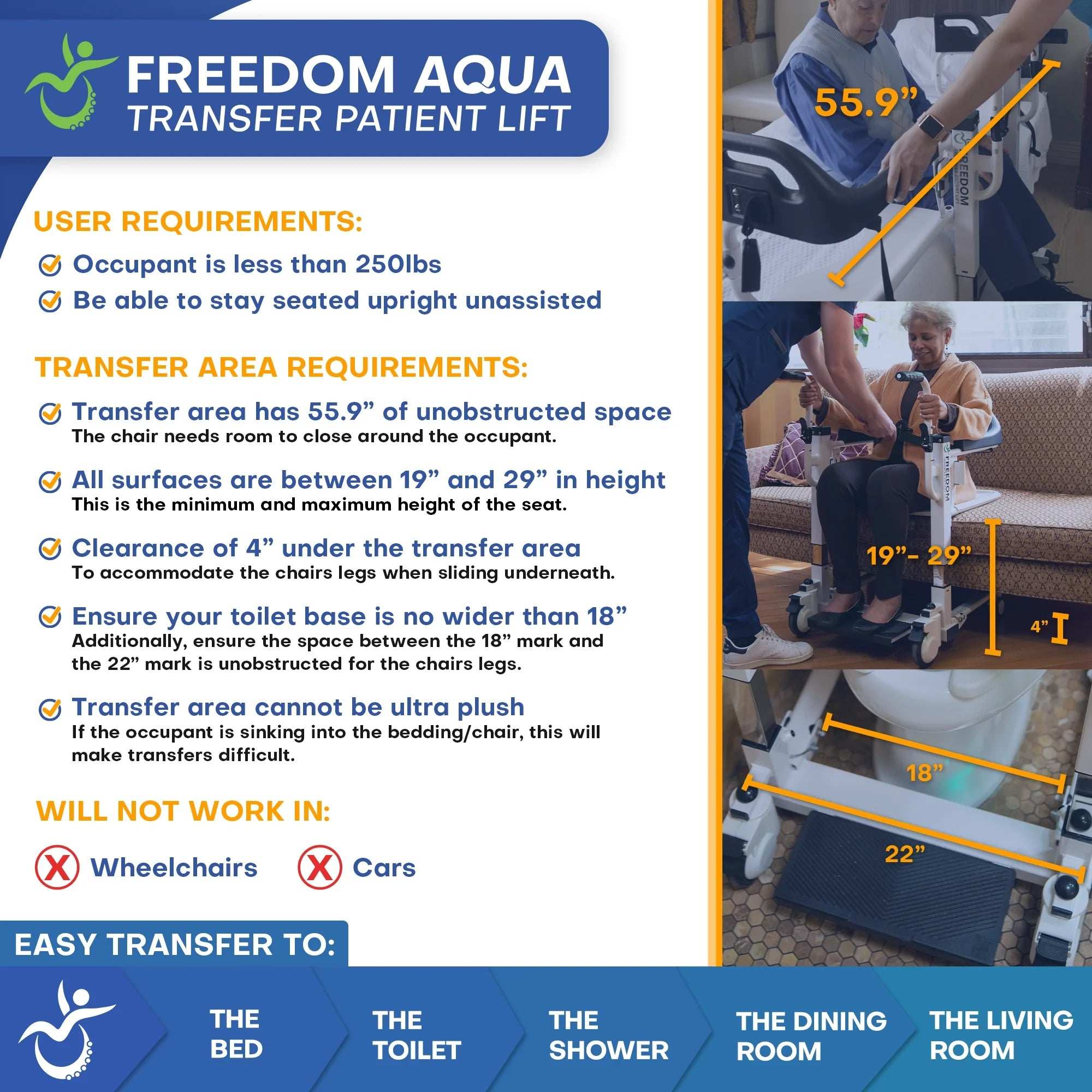 Freedom Aqua Transfer Lift Waterproof with Adjustable Height & Commode