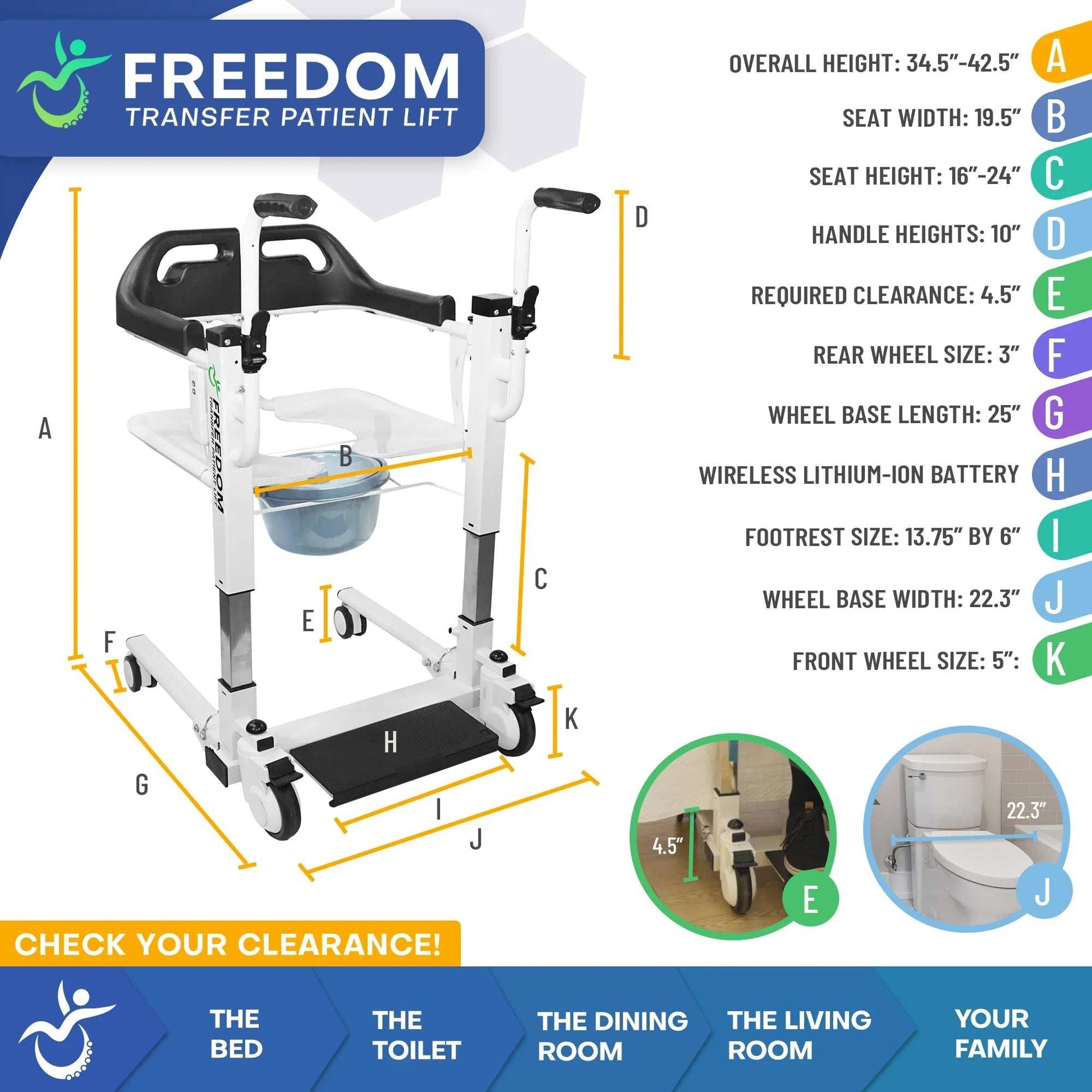 Freedom Transfer Patient Lift with Adjustable Seat Height & Commode Pail