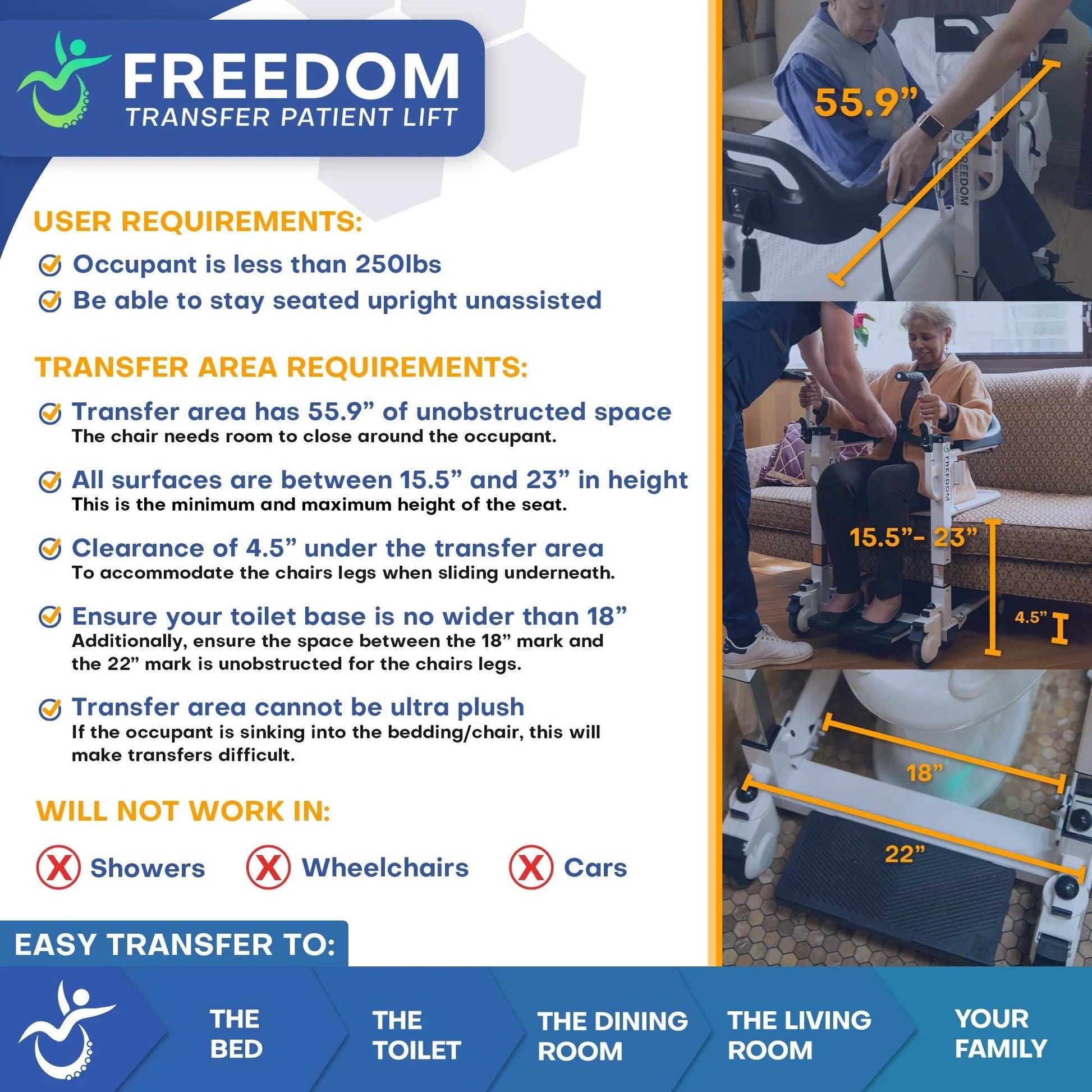 Freedom Transfer Patient Lift with Adjustable Seat Height & Commode Pail