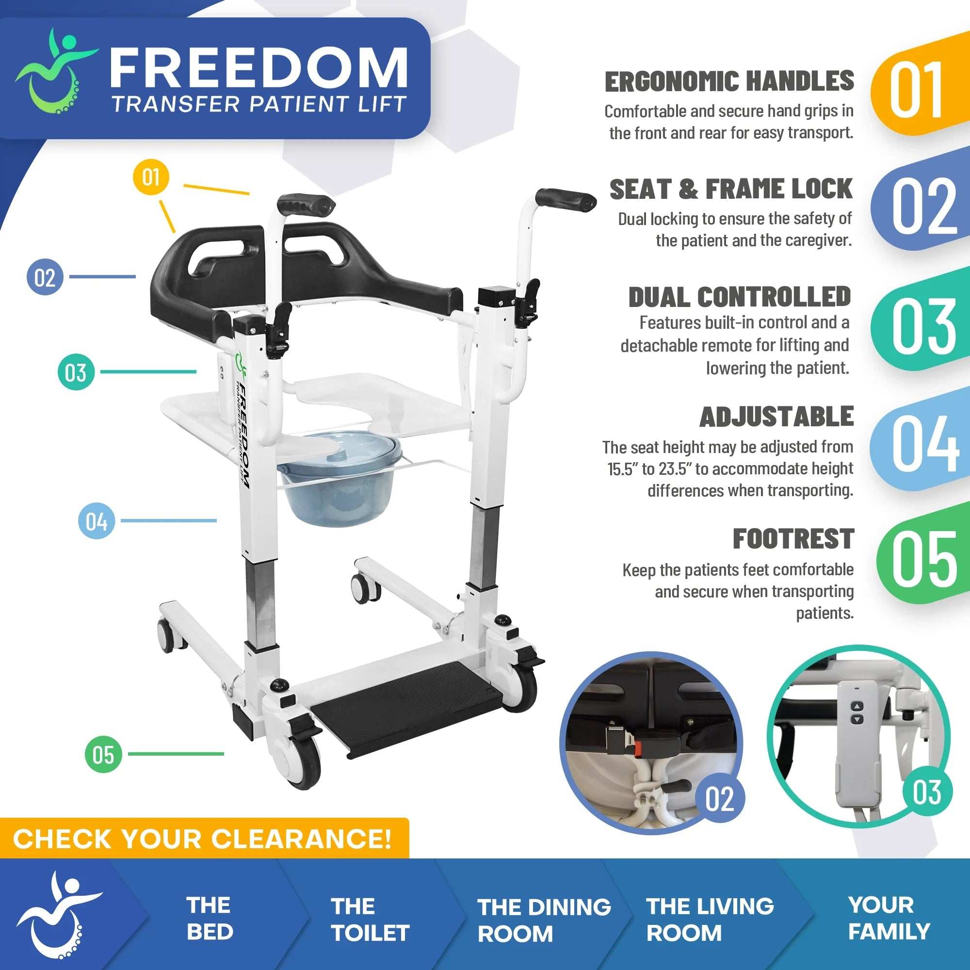 Freedom Transfer Patient Lift with Adjustable Seat Height & Commode Pail