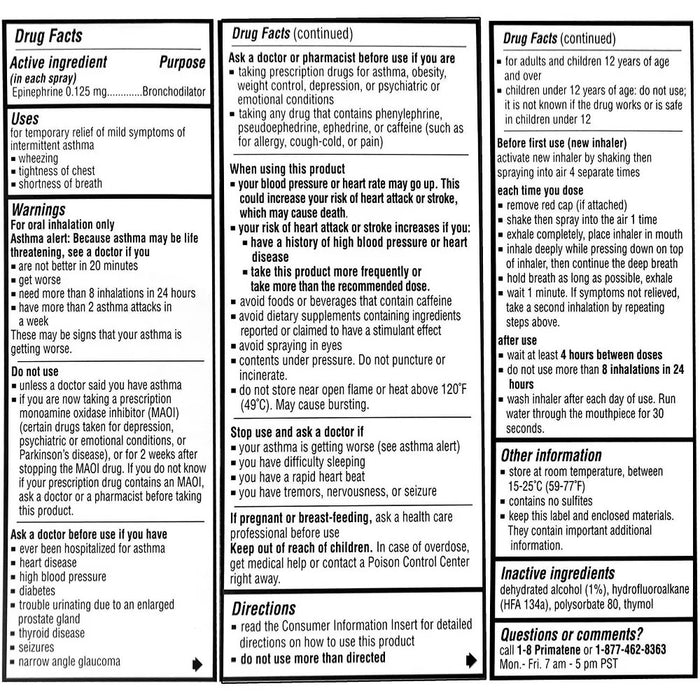 Primatene Mist Asthma Relief Inhaler Epinephrine Bronchodilator