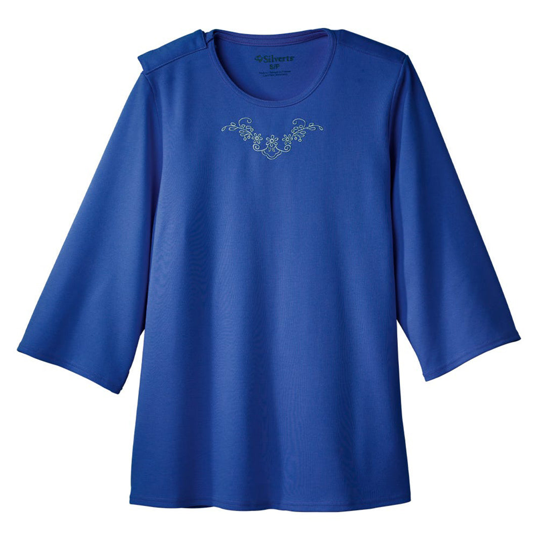 Silverts Women's Open Back 3/4 Length Sleeve Adaptive Shirt with Embroidery