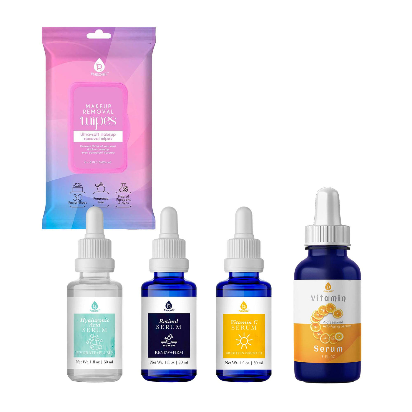 Pursonic Complete Skincare Essentials Bundle - Anti-Aging Serum Set, Vitamin C Serum, and Makeup Removal Wipes