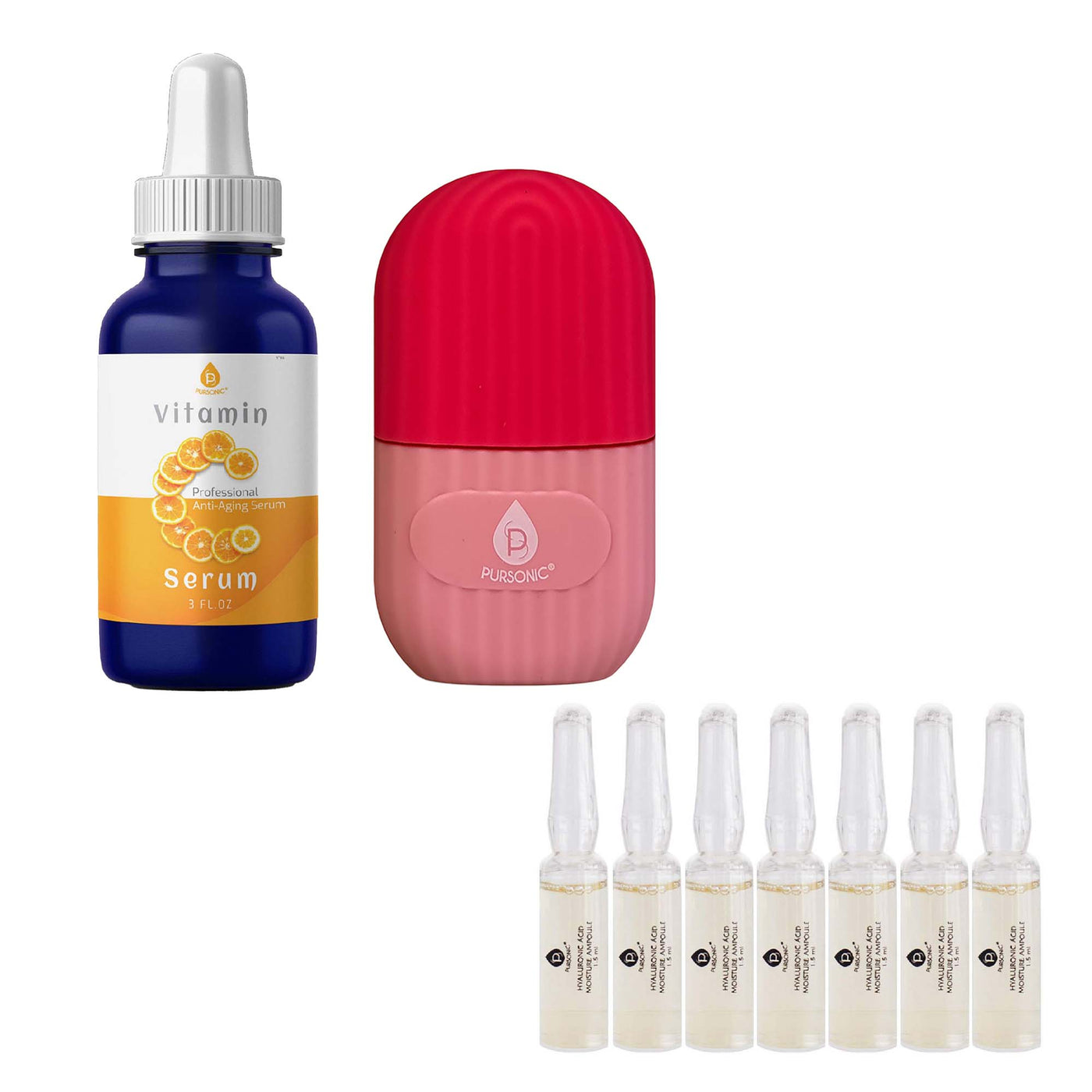 Pursonic Radiant Glow & Refresh Skincare Bundle: Ice Cube Facial Roller Massager + Vitamin C Serum + Hyaluronic Acid Ampoule Set