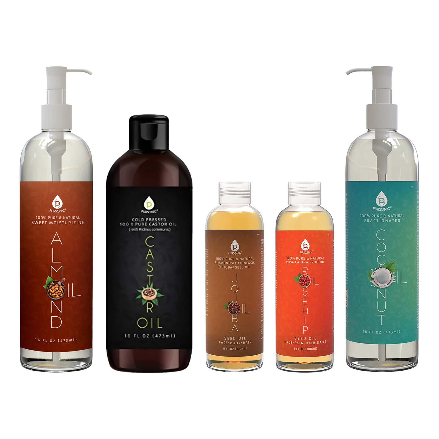 Pursonic Essential Oils & Skin Care Mega Bundle - 100% Pure Golden Jojoba Oil, Rosehip Oil, Sweet Almond Oil, Fractionated Coconut Oil, and Castor Oil