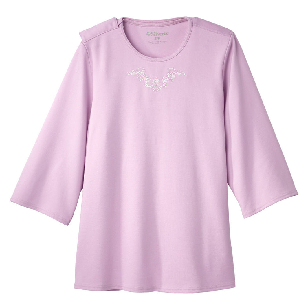 Silverts Women's Open Back 3/4 Length Sleeve Adaptive Shirt with Embroidery