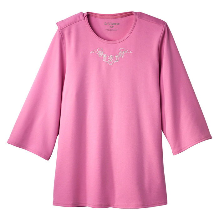 Silverts Women's Open Back 3/4 Length Sleeve Adaptive Shirt with Embroidery