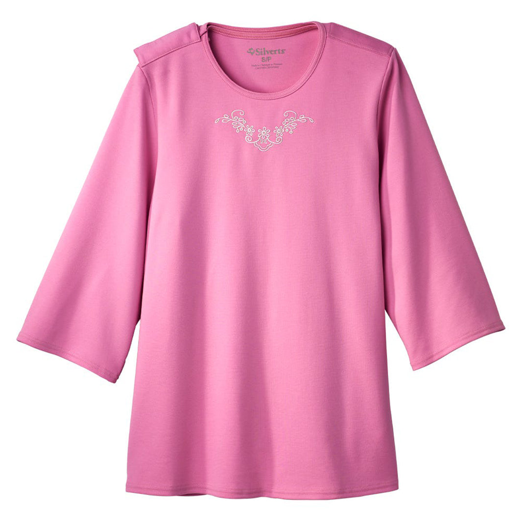 Silverts Women's Open Back 3/4 Length Sleeve Adaptive Shirt with Embroidery