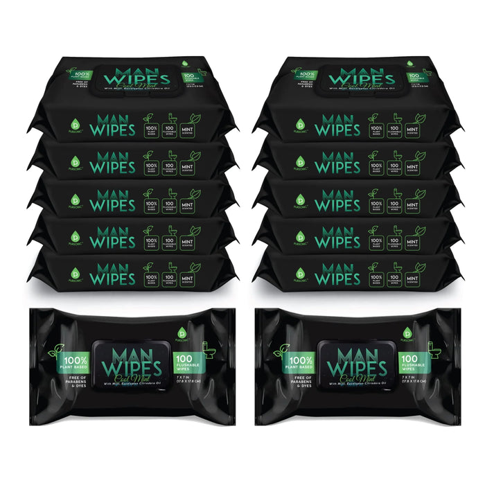 Pursonic Flushable Man Wipes 1200 Mint-Scented Aloe Vitamin E Plant-Based - 12 Ct