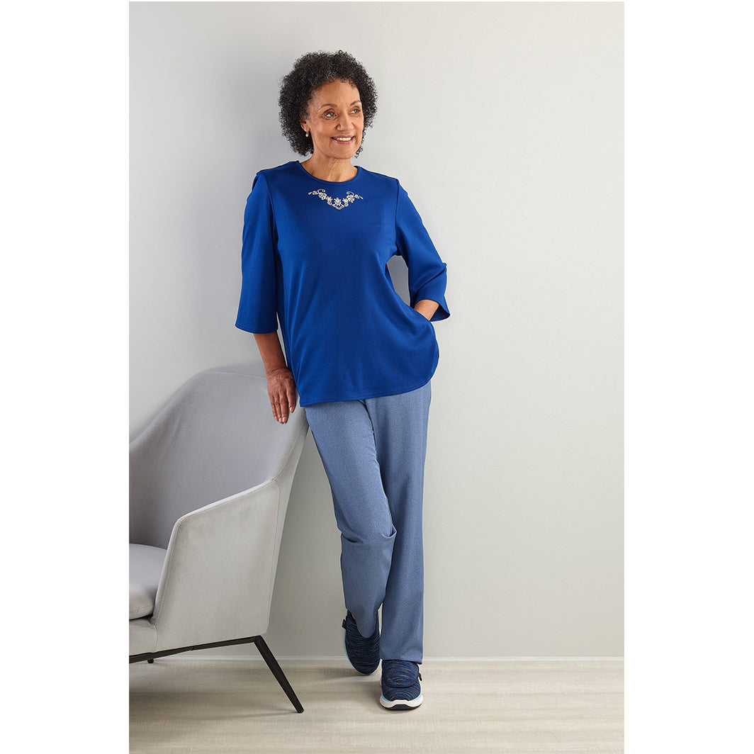 Silverts Women's Open Back 3/4 Length Sleeve Adaptive Shirt with Embroidery