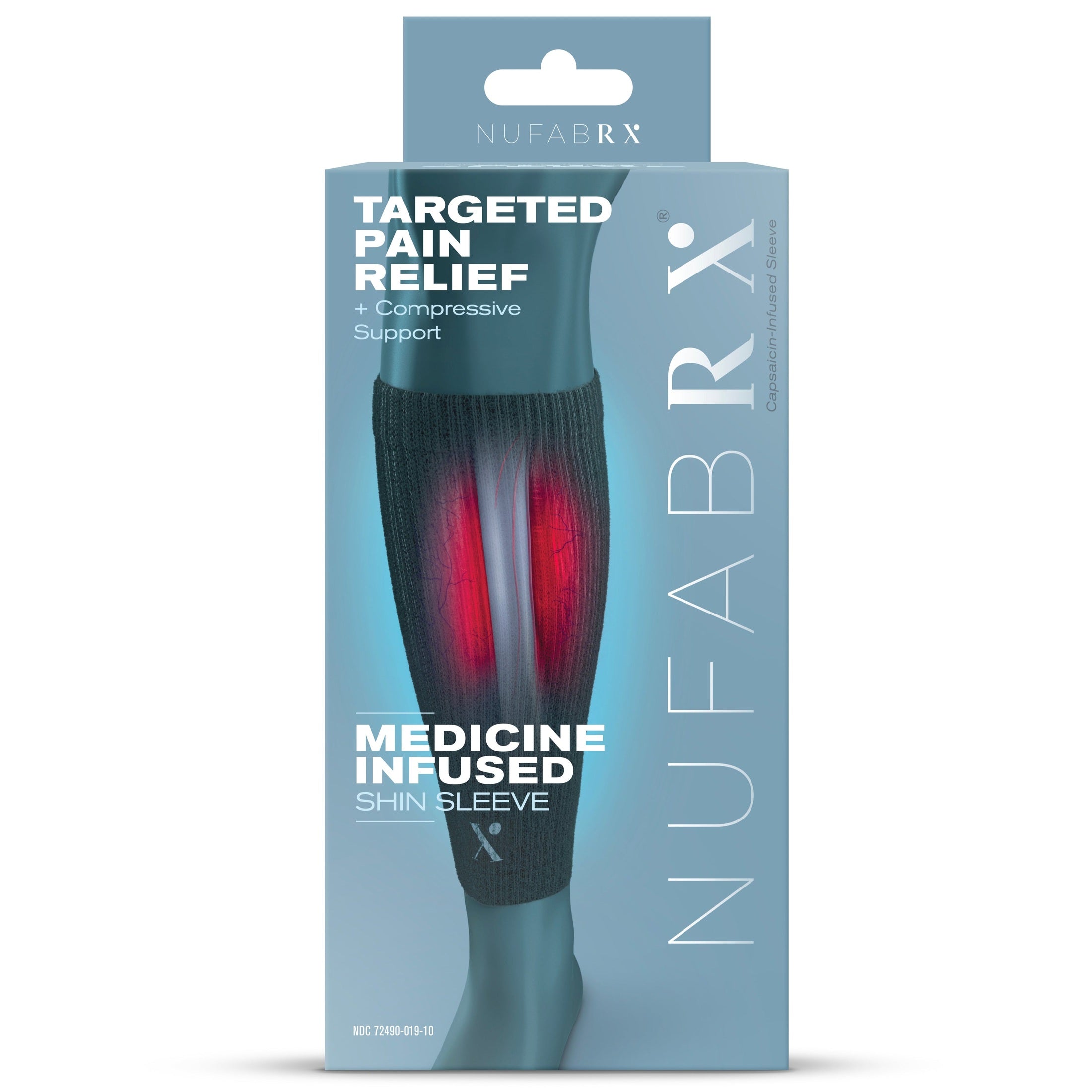 NUFABRX shin sleeve packaging with targeted pain relief text on a light blue background