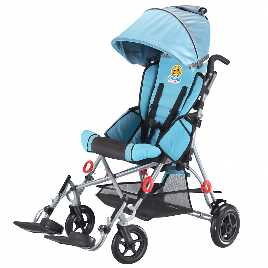 Blue baby stroller with canopy on a white background