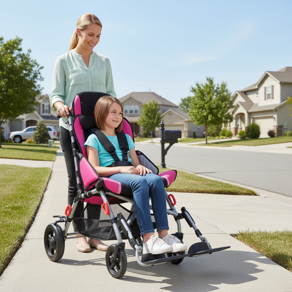 Woman pushing a child in a pink and black stroller on a sidewalk.