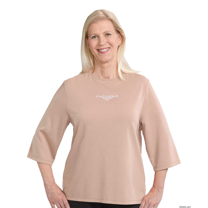 Silverts Women's Open Back 3/4 Length Sleeve Adaptive Shirt with Embroidery