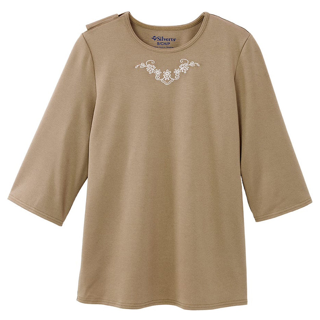 Silverts Women's Open Back 3/4 Length Sleeve Adaptive Shirt with Embroidery