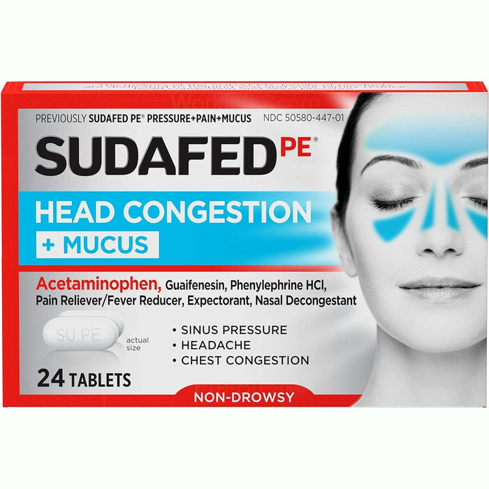 Sudafed PE Head Congestion + Mucus Relief Decongestant - 24 Tablets